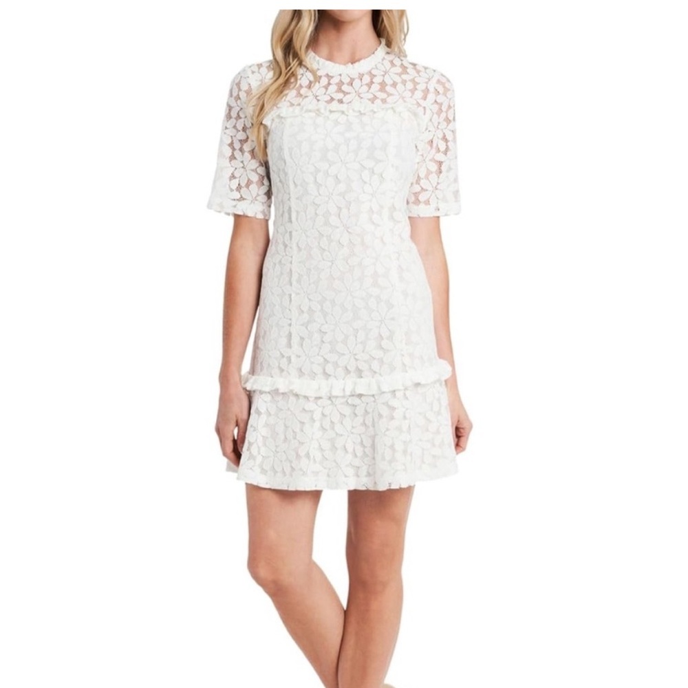 CeCe sz 6 White Floral Lace Mini Dress short sleeve Spring Summer parties